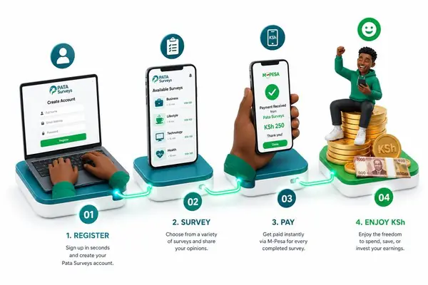 Pata Surveys 4 step process: Register, Survey, Pay, Enjoy KSh